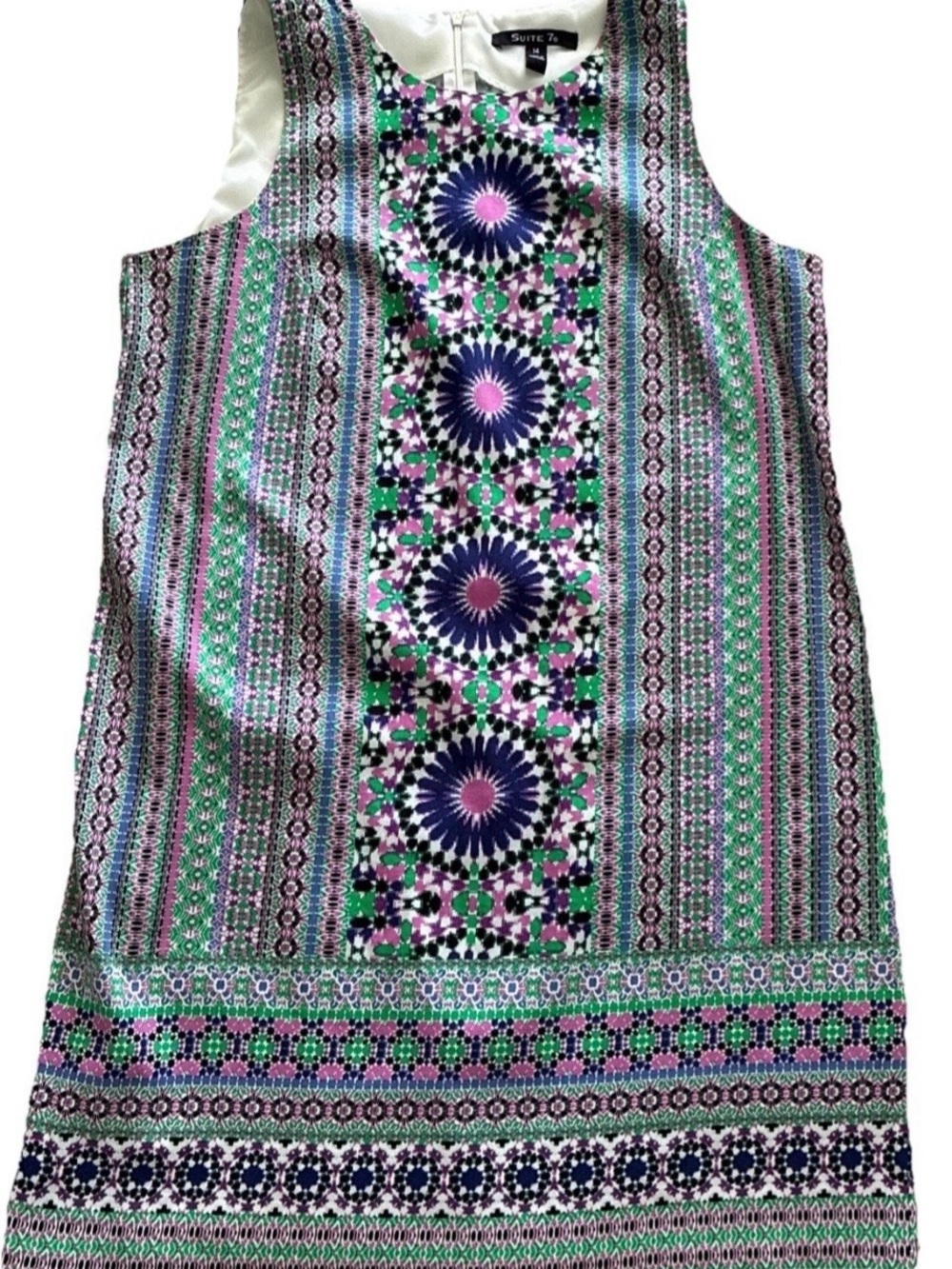 Suite 7 Women’s Sleeveless Sheath Dress 97% Cotton Geometric Print Size14